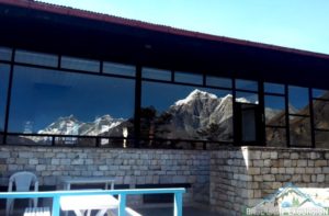 Balcony of Everest view hotel and reflected best view of Mount Everest, height of Hotel Everest view is 3,962 meters 13,000 feet